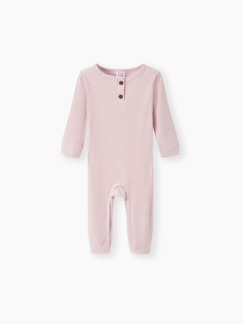 Bodysuits ＆ Rompers | Baby Girls|Baby Boys 95% Cotton Ribbed Long-sleeve Button Up Jumpsuit White|Light Green|Pink|Green|Red