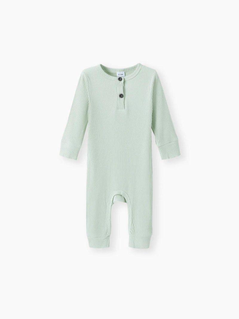 Bodysuits ＆ Rompers | Baby Girls|Baby Boys 95% Cotton Ribbed Long-sleeve Button Up Jumpsuit White|Light Green|Pink|Green|Red