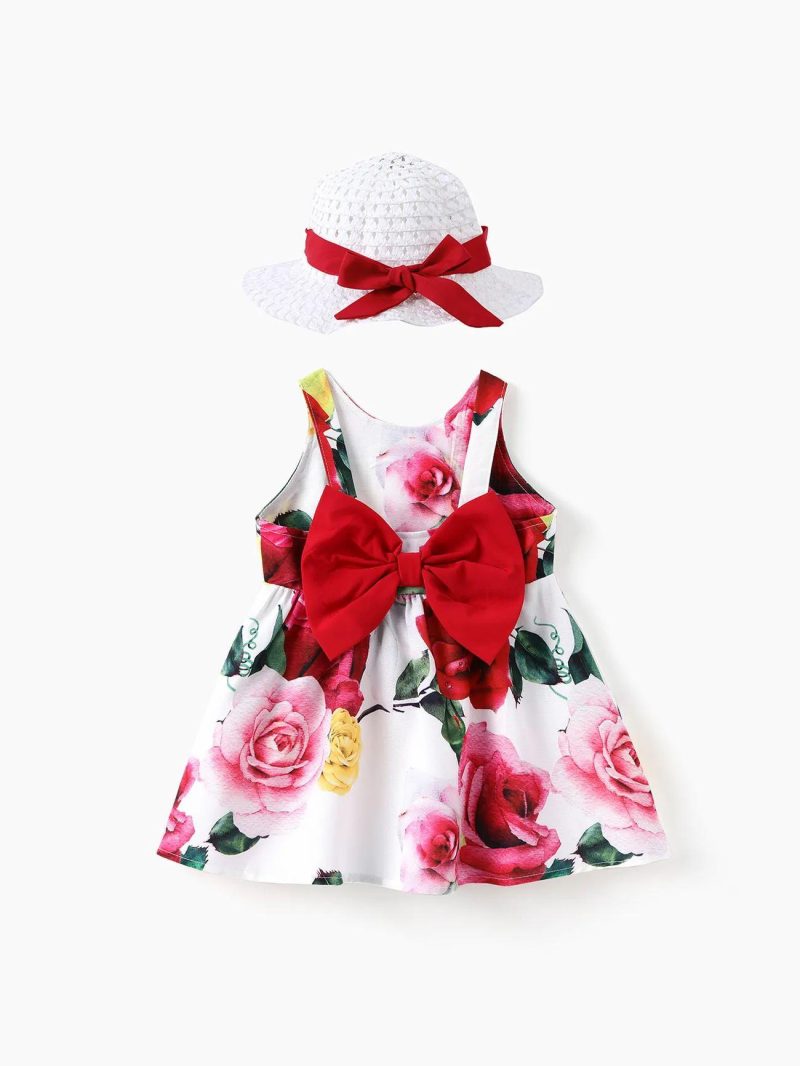 Dresses | Baby Girls 2pcs Floral Print Big Bowknot Dress with Hat Red|Black