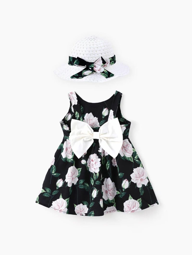 Dresses | Baby Girls 2pcs Floral Print Big Bowknot Dress with Hat Red|Black