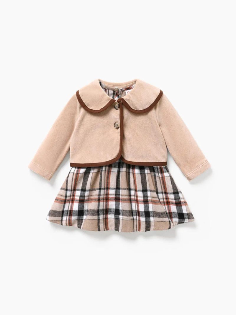 Dresses | Baby Girls 2PCS Hyper-Tactile Design Grid/Houndstooth School Dress Set Khaki