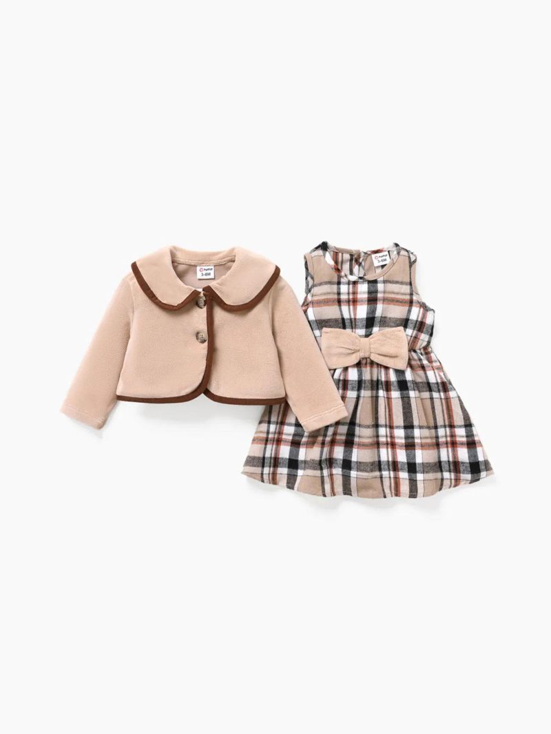 Dresses | Baby Girls 2PCS Hyper-Tactile Design Grid/Houndstooth School Dress Set Khaki