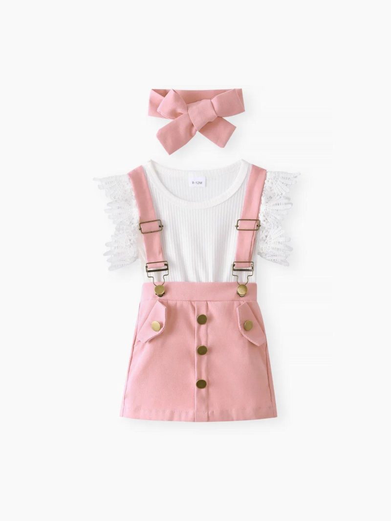 Dresses | Baby Girls 3pcs Lace Flutter-sleeve Ribbed Romper and Suspender Skirt with Headband Set Pink|Ginger