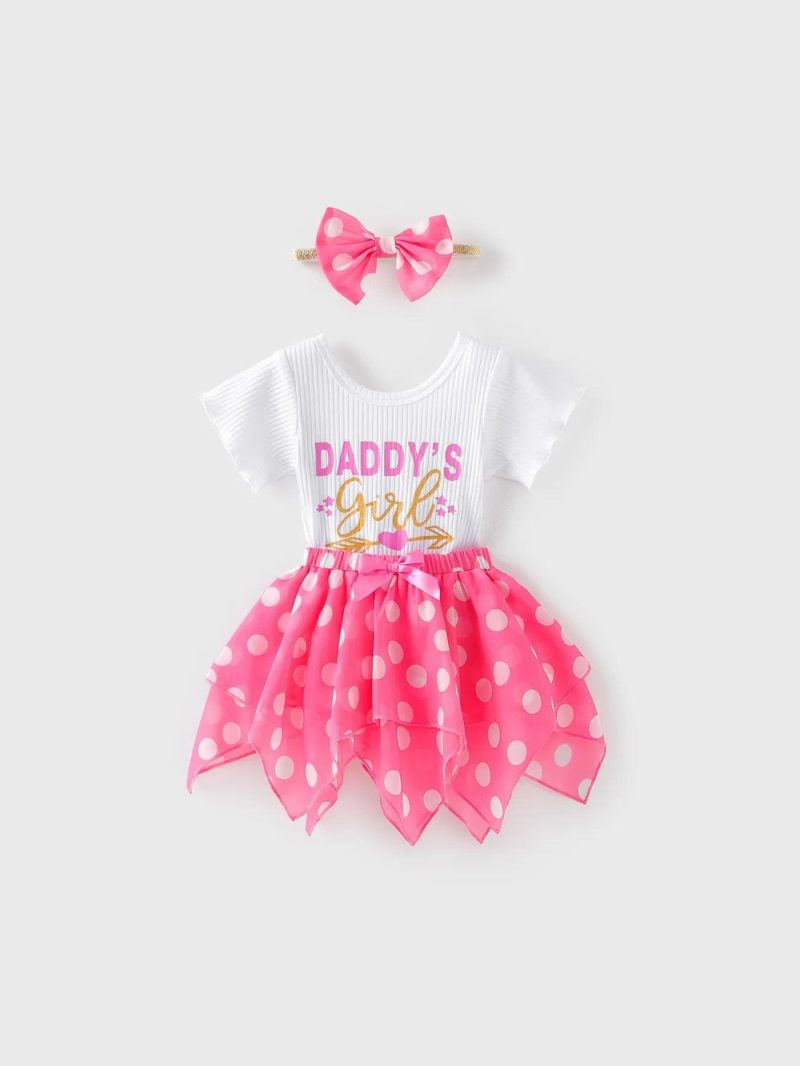 Dresses | Baby Girls 3pcs Letter Print Romper and Polka dots Skirts and Headband Set White