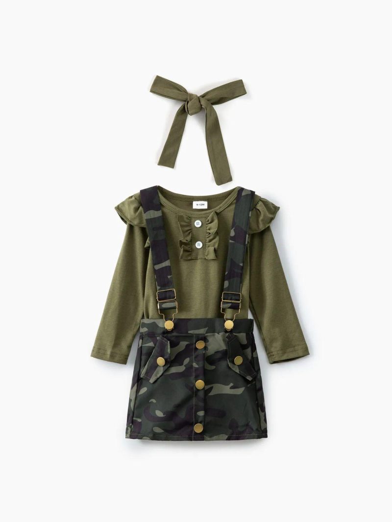 Dresses | Baby Girls 3pcs Solid Ruffle Trim Long-sleeve Romper and Camouflage Suspender Skirt & Headband Set Army Green