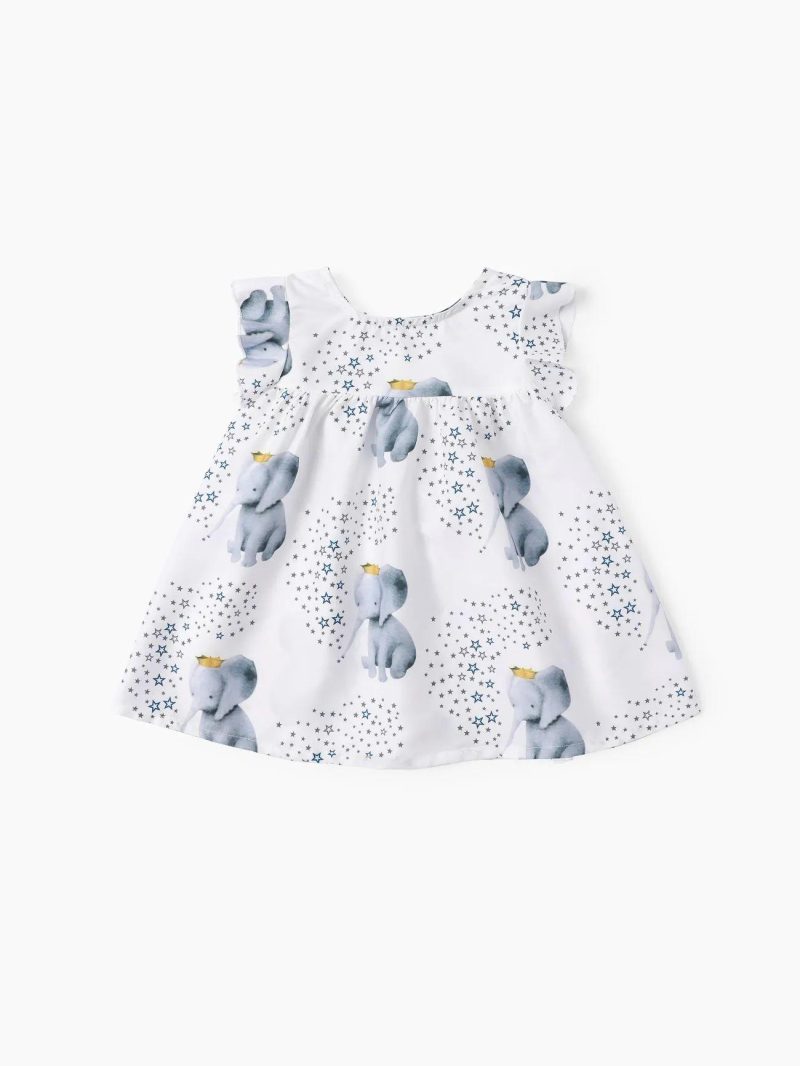 Dresses | Baby Girls Crown Elephant Star Print Flounce-sleeve Baby Dress White