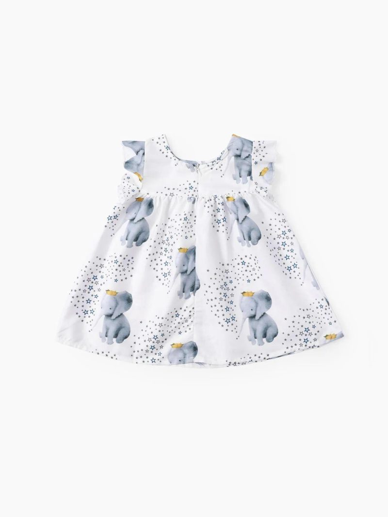 Dresses | Baby Girls Crown Elephant Star Print Flounce-sleeve Baby Dress White