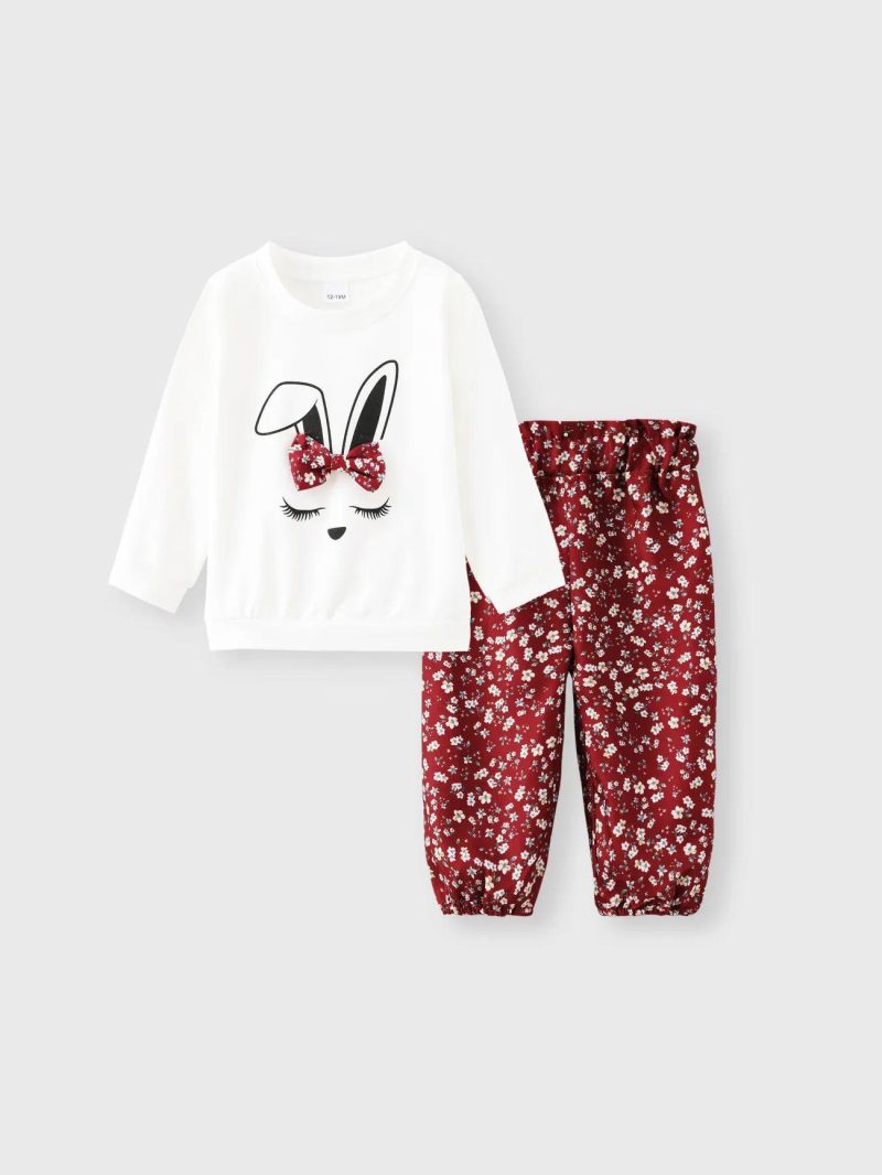 Sets | Baby Girls 2pcs 95% Cotton Long-sleeve Cartoon Rabbit Print Sweatshirt and Floral Print Trousers Set Red|Deep Blue