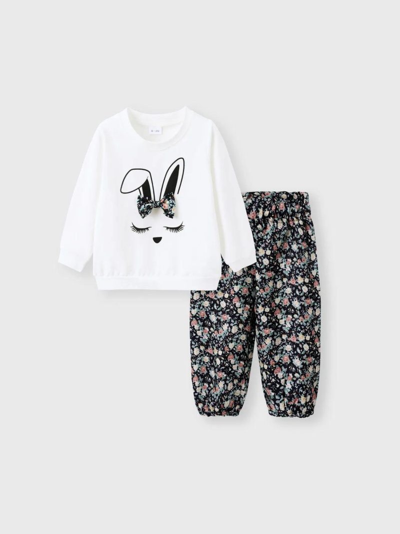 Sets | Baby Girls 2pcs 95% Cotton Long-sleeve Cartoon Rabbit Print Sweatshirt and Floral Print Trousers Set Red|Deep Blue