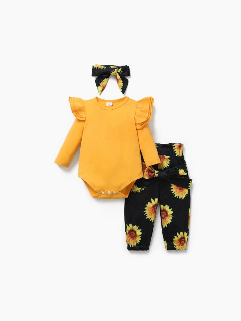 Sets | Baby Girls 3pcs 95% Cotton Ruffle Long-sleeve Romper and Sunflower Floral Print Pants with Headband Set Yellow