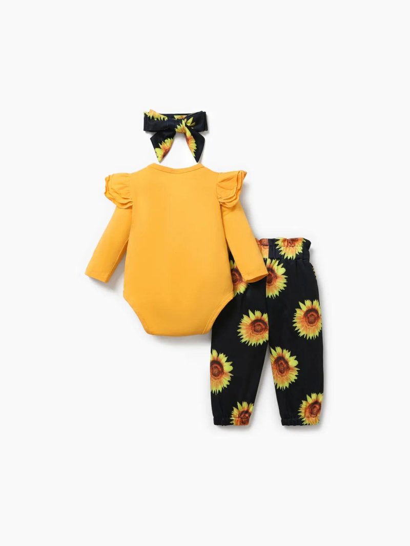 Sets | Baby Girls 3pcs 95% Cotton Ruffle Long-sleeve Romper and Sunflower Floral Print Pants with Headband Set Yellow