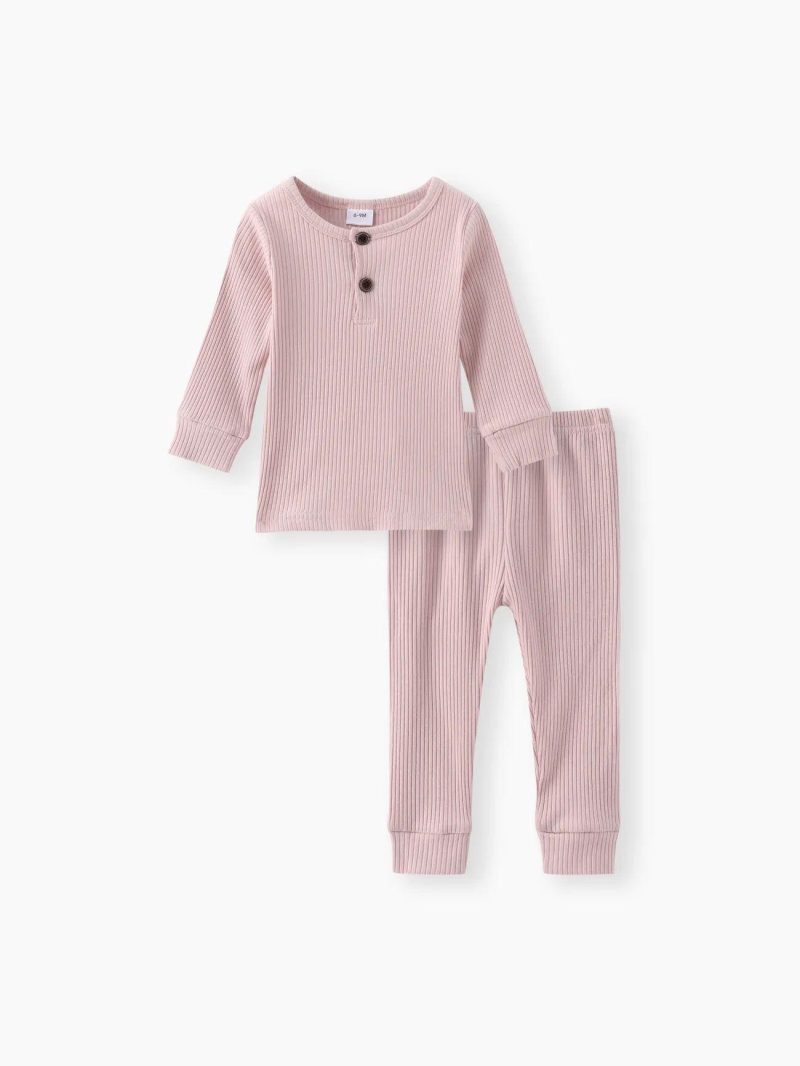 Sets | Baby Girls|Baby Boys 2pcs 95% Cotton Ribbed Long-sleeve Button Up Top and Pants Set White|Pink|Black