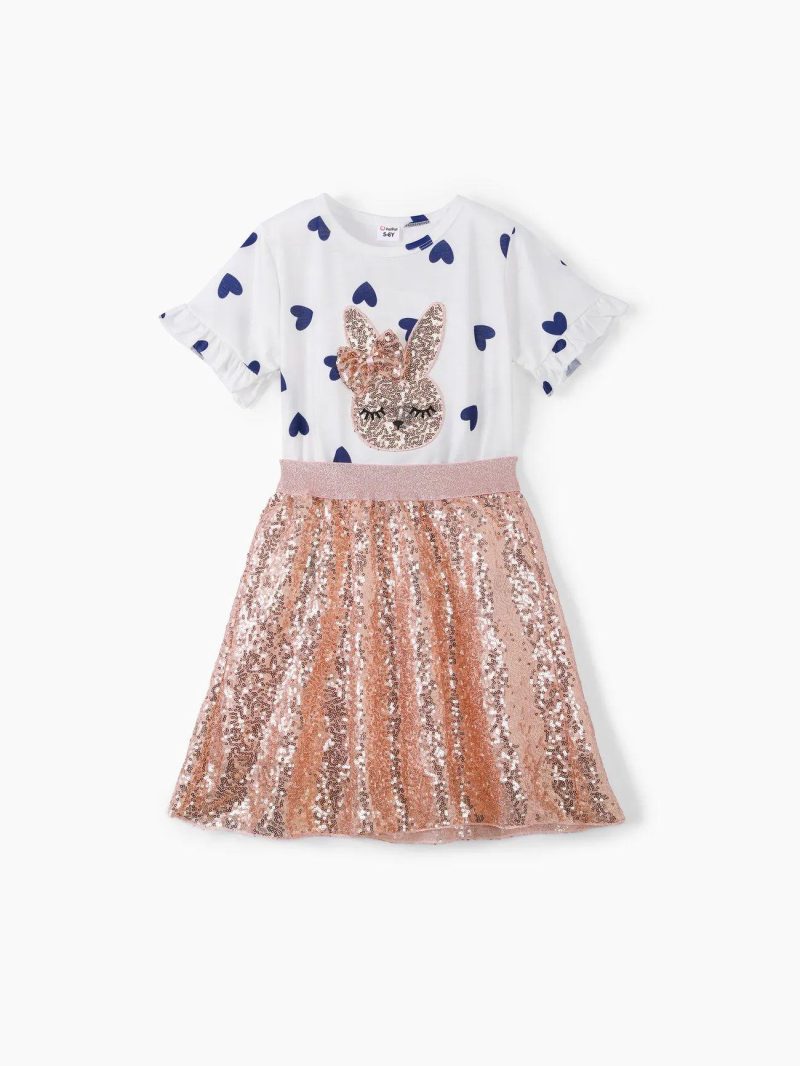 Dresses | Girls 2-piece Unicorn Letter Print/Sequin Rabbit Pattern Heart Print Short-sleeve Tee and Sequined Skirt Set White|Black