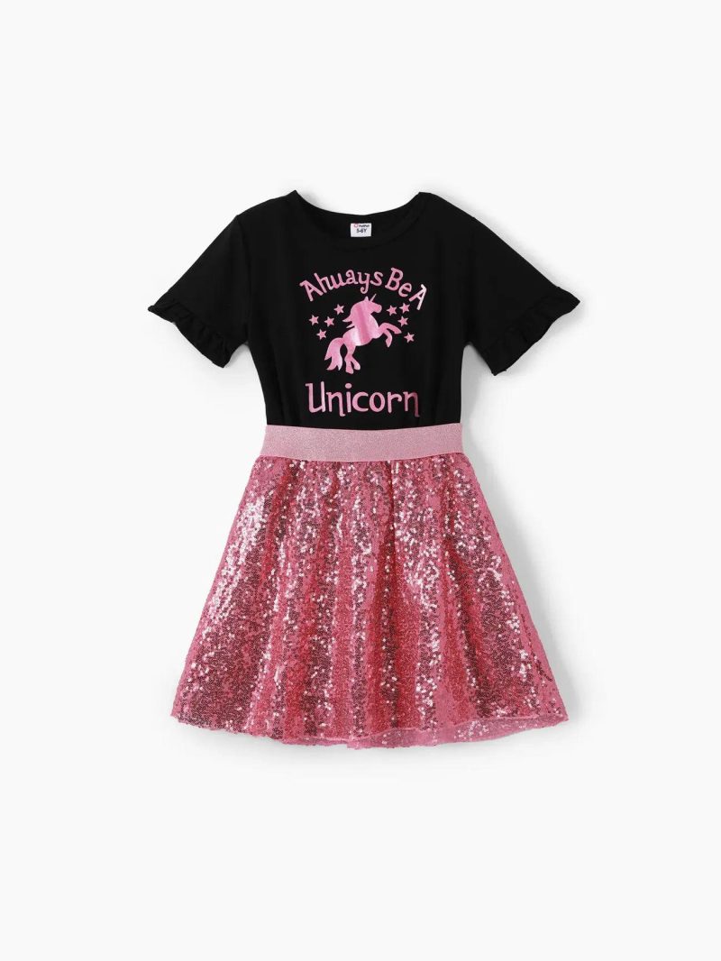 Dresses | Girls 2-piece Unicorn Letter Print/Sequin Rabbit Pattern Heart Print Short-sleeve Tee and Sequined Skirt Set White|Black