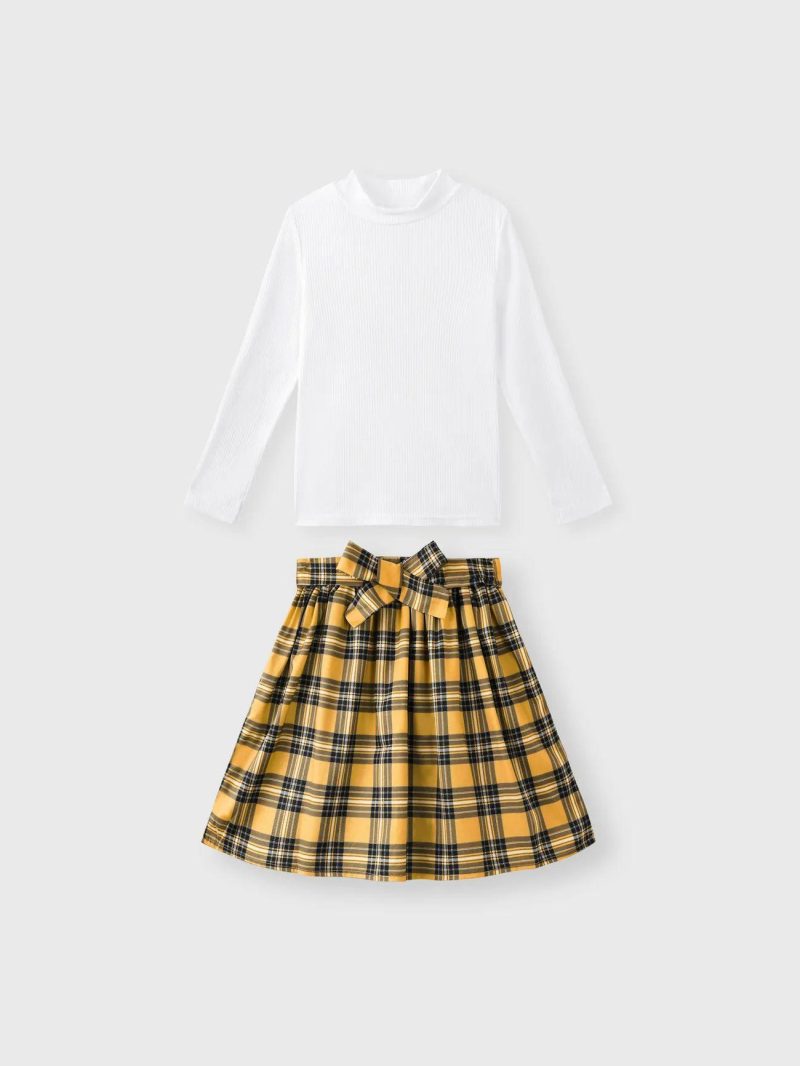 Dresses | Girls 2pcs Ribbed Mock Neck Long-sleeve White Tee and Plaid Belted Skirt Set White|Black