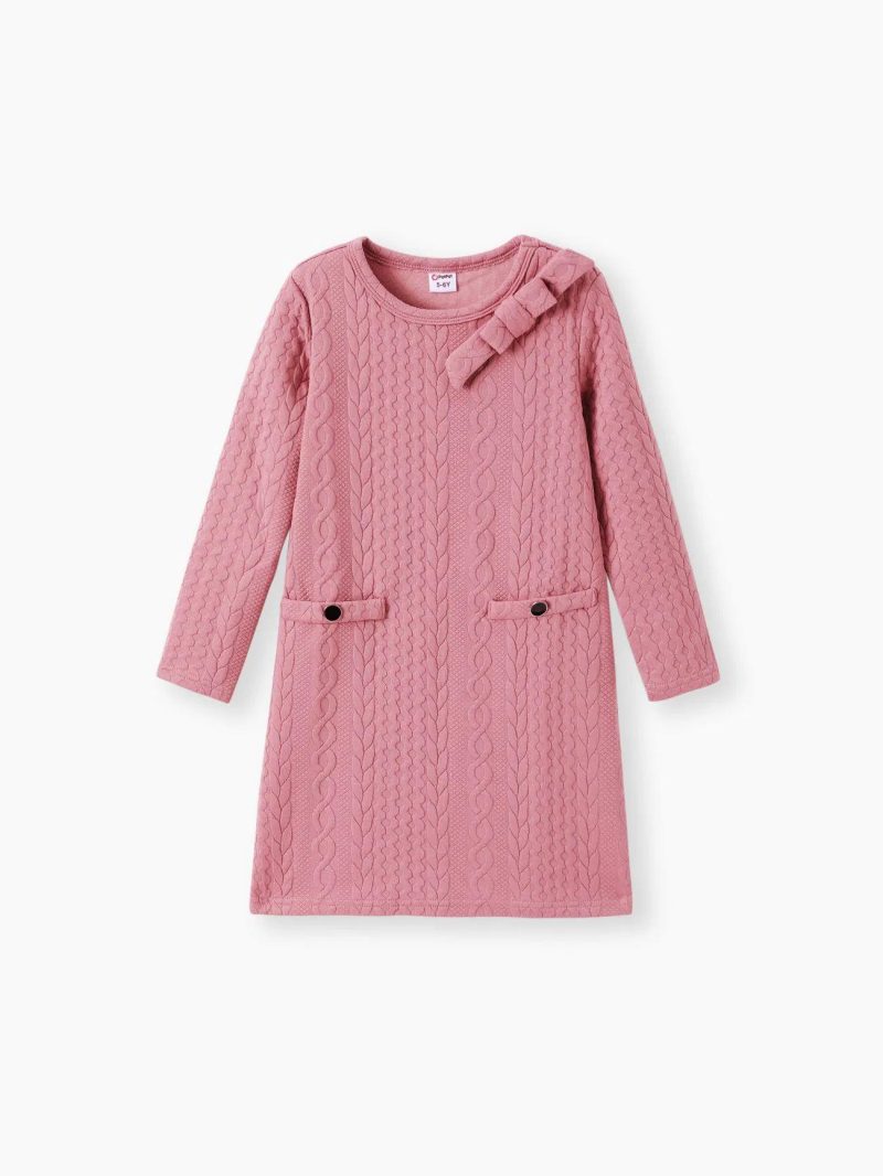 Dresses | Girls Cable Knit Bowknot Design Long-sleeve Pink Pink