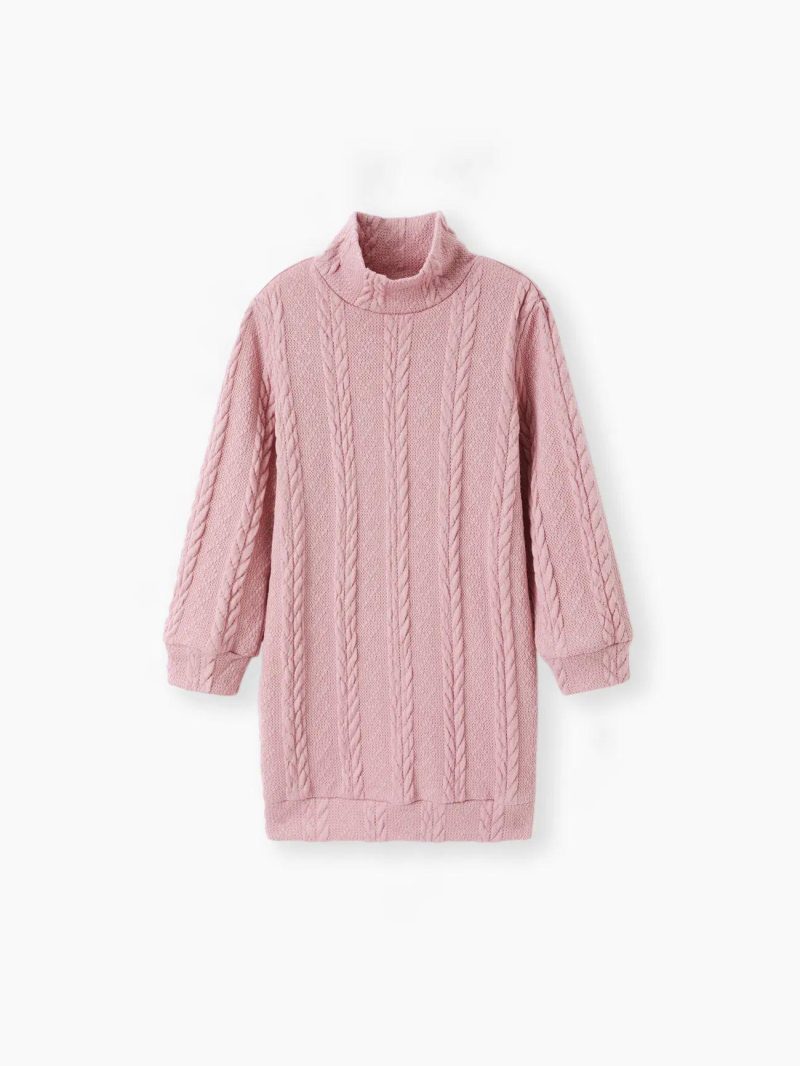 Dresses | Girls Solid Color Cable Knit Textured Mock neck Sweater Dress Pink|Brown|Creamcolored