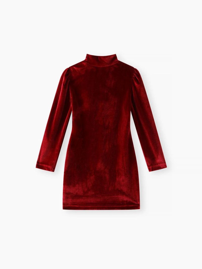 Dresses | Girls Solid Color Mock Neck Puff-sleeve Velvet Dress Red|Dark Green