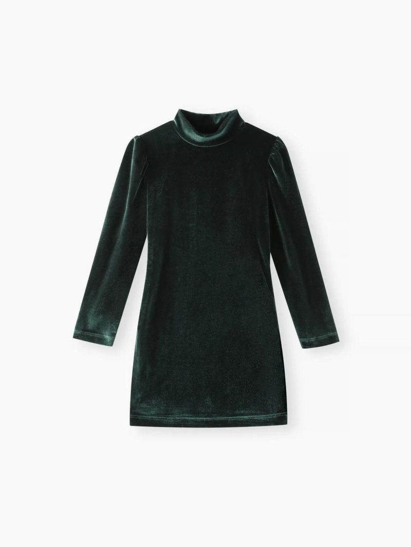 Dresses | Girls Solid Color Mock Neck Puff-sleeve Velvet Dress Red|Dark Green