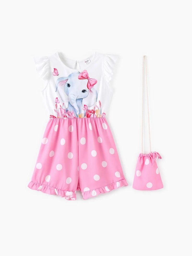 Jumpsuits | Girls Elephant/Cat Print Colorblock Jumpsuit with Crossbody Bag Light Pink|Pink-