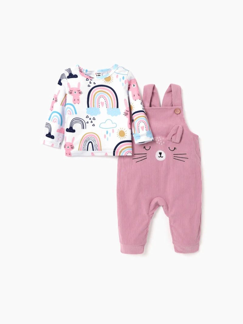 Sets | Baby Girls 2pcs Allover Cat & Rainbow Print Long-sleeve Tee and Embroidered Corduroy Overalls Set Pink