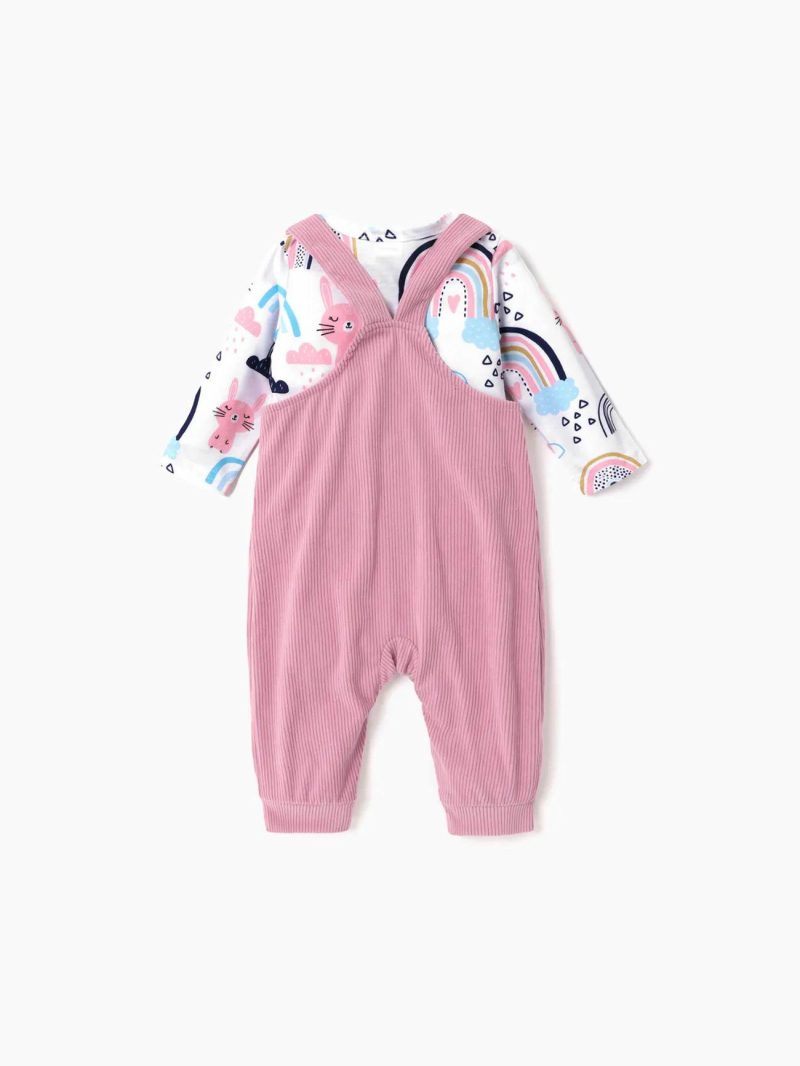 Sets | Baby Girls 2pcs Allover Cat & Rainbow Print Long-sleeve Tee and Embroidered Corduroy Overalls Set Pink