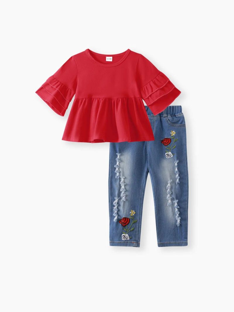 Sets | Baby Girls 2pcs Baby Red Bell Sleeve Loose-fit Top and Floral Embroidered Ripped Denim Jeans Set Red