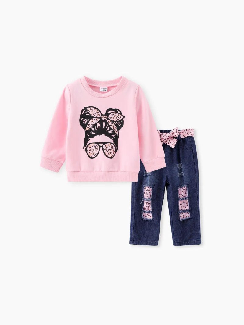 Sets | Baby Girls 2pcs Figure Print Long-sleeve Sweatshirt and 100% Cotton Belted Ripped Jeans Set Pink