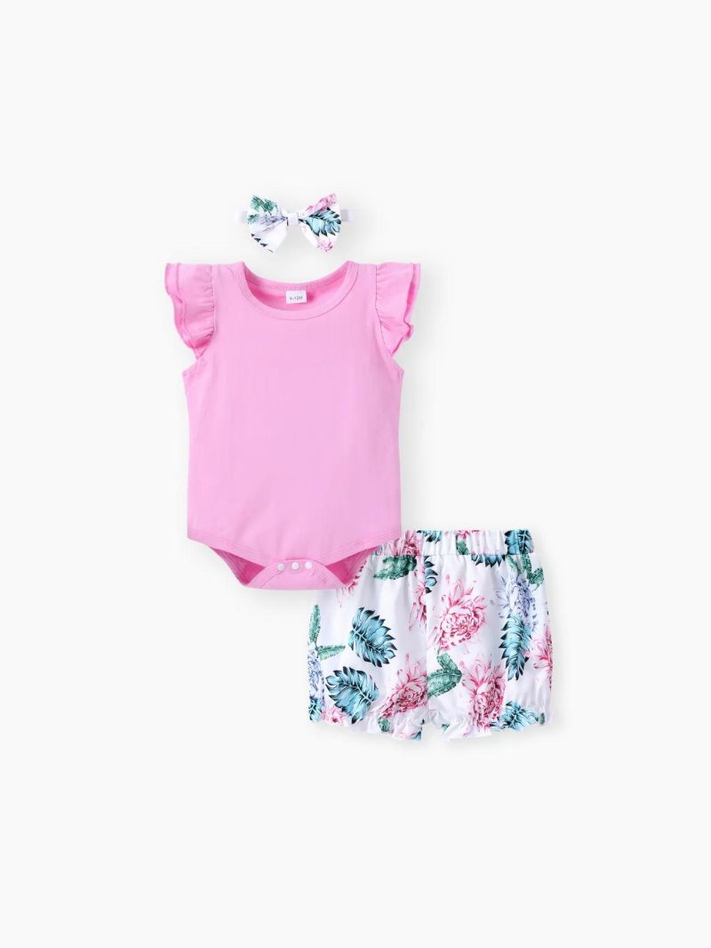 Sets | Baby Girls 3pcs 95% Cotton Layered Ruffle Sleeve Romper with Floral Print Bloomers Shorts and Headband Set Pink|Yellow|Purple