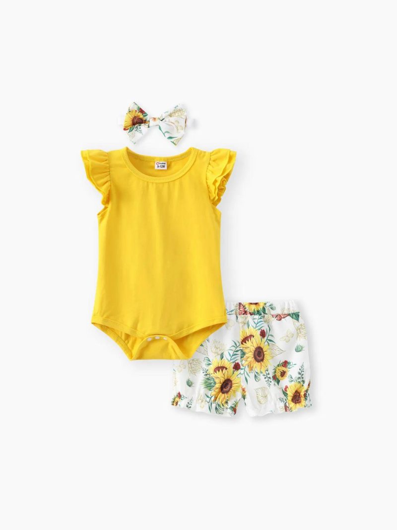 Sets | Baby Girls 3pcs 95% Cotton Layered Ruffle Sleeve Romper with Floral Print Bloomers Shorts and Headband Set Pink|Yellow|Purple