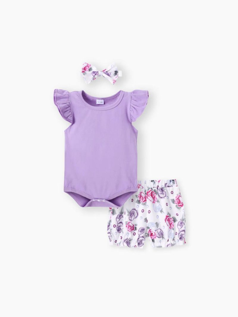 Sets | Baby Girls 3pcs 95% Cotton Layered Ruffle Sleeve Romper with Floral Print Bloomers Shorts and Headband Set Pink|Yellow|Purple