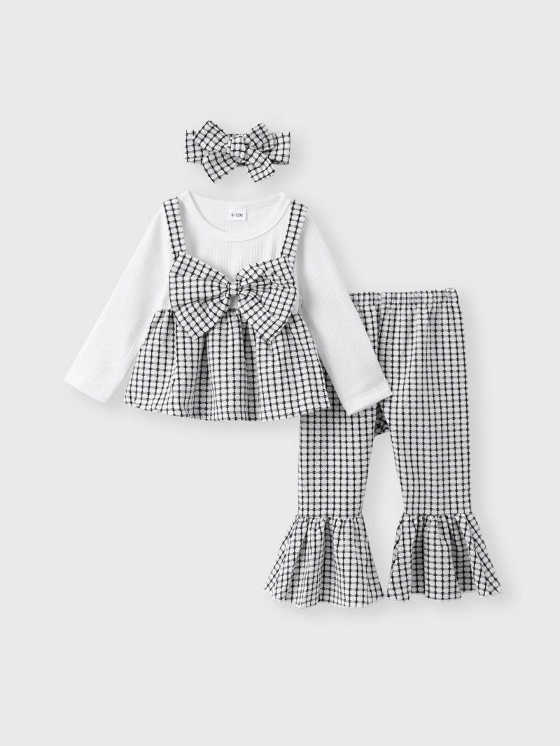 Sets | Baby Girls 3pcs Black Plaid Bowknot Long-sleeve Top and Flared Pants Set Blackandwhite