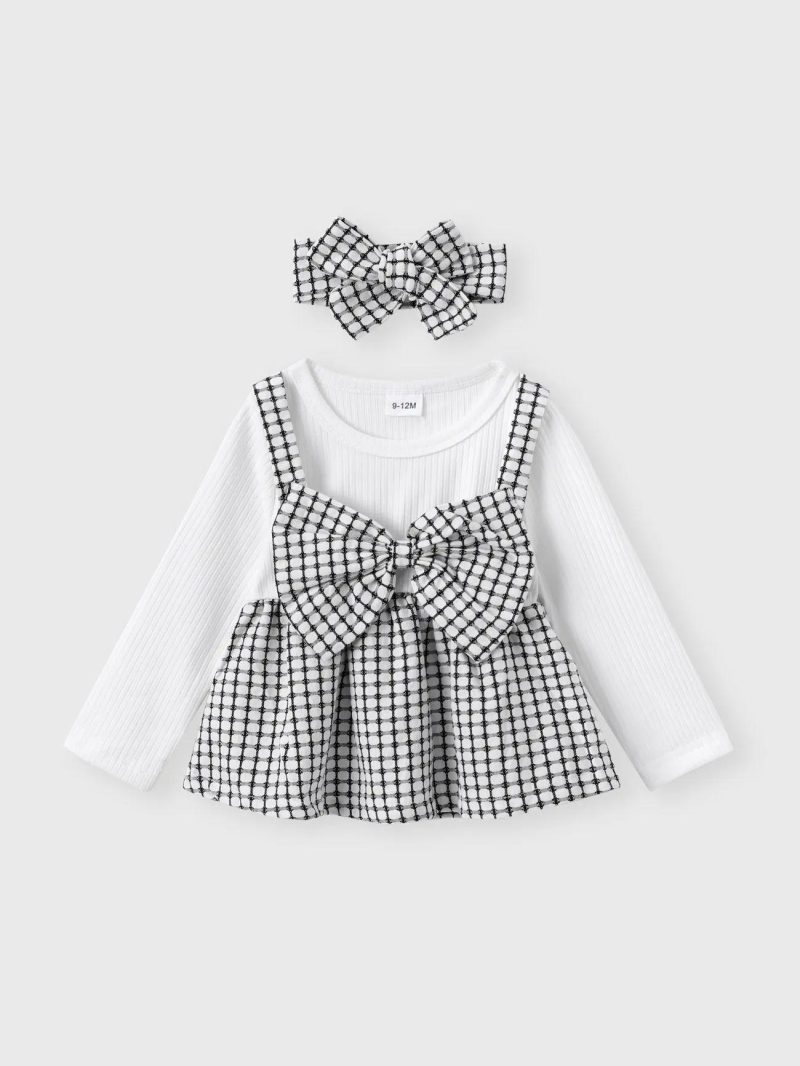 Sets | Baby Girls 3pcs Black Plaid Bowknot Long-sleeve Top and Flared Pants Set Blackandwhite