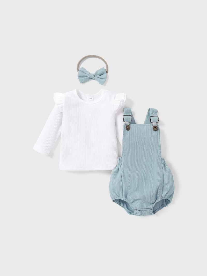 Sets | Baby Girls 3pcs Solid Ribbed Ruffle Sleeve Top and Overall Shorts with Headband Set Pink|Light Blue