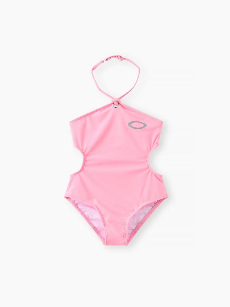 Swimwear | Girls Sweet Geometric Pattern Halter Swimsuit Set, Chinlon and Spandex Tight Swimwear Pink