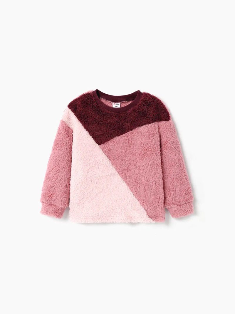 Tops & Outerwear | Girls Sweet Colorblock Fleece Pullover Sweatshirt Red|Khaki|Colorblock