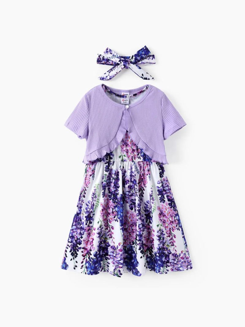 Dresses | Girls 3pcs Ruffled Cardigan and Floral Print Dress with Headband Set Purple