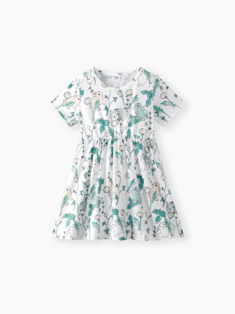 Dresses | Girls Rabbit Print/Ribbed Short-sleeve Dress Green|Multicolour-1