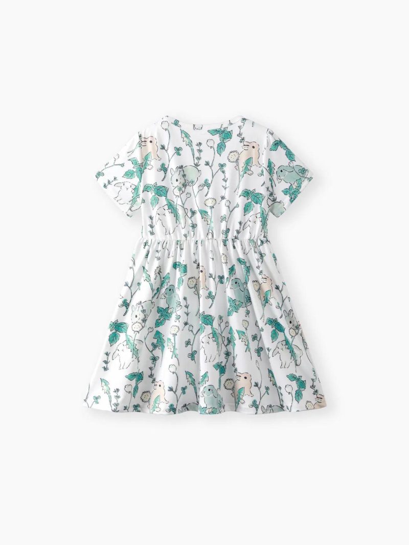 Dresses | Girls Rabbit Print/Ribbed Short-sleeve Dress Green|Multicolour-1