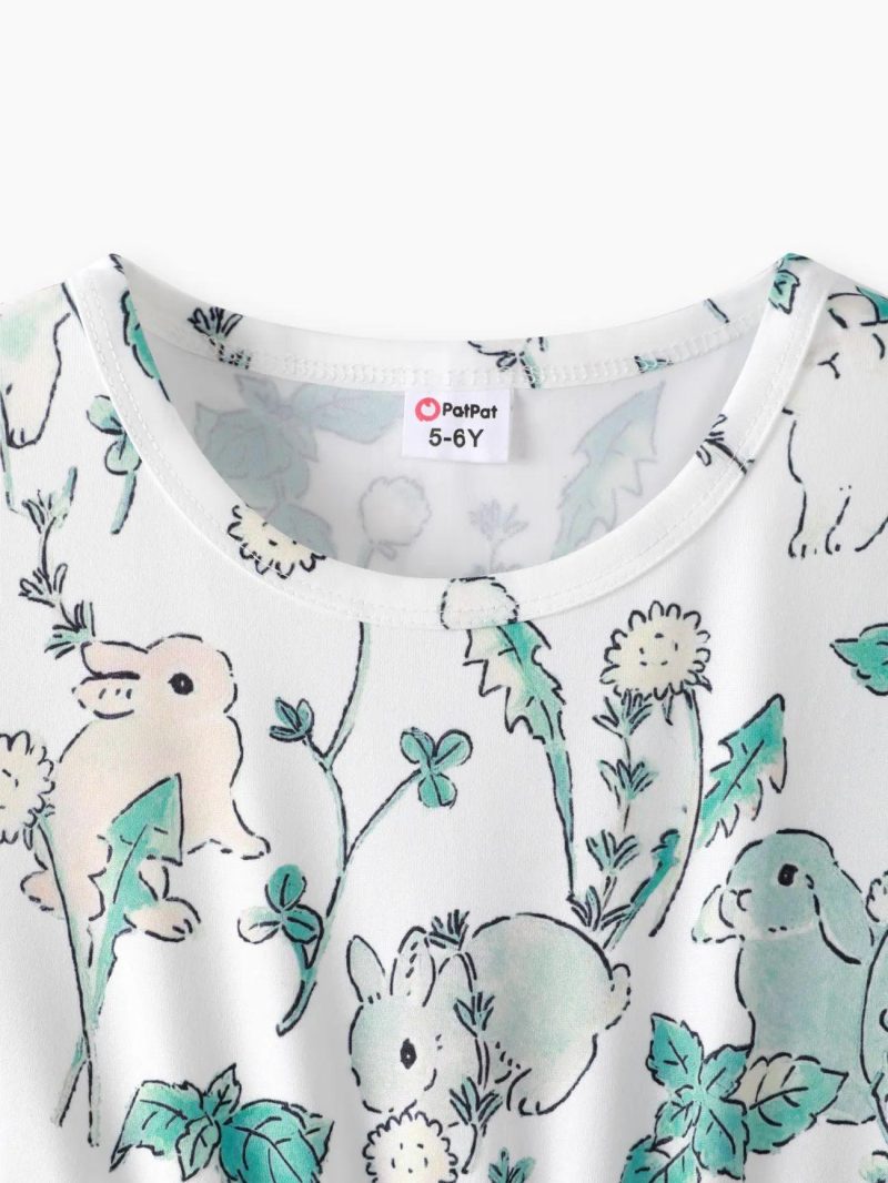 Dresses | Girls Rabbit Print/Ribbed Short-sleeve Dress Green|Multicolour-1