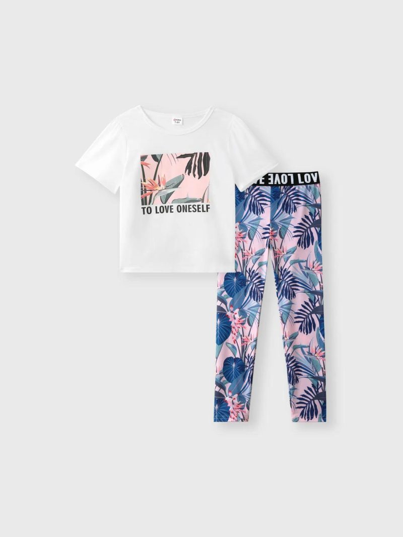 Sets | Girls 2-piece Letter Leaf Print Tee and Elasticized Leggings Set White|Pink