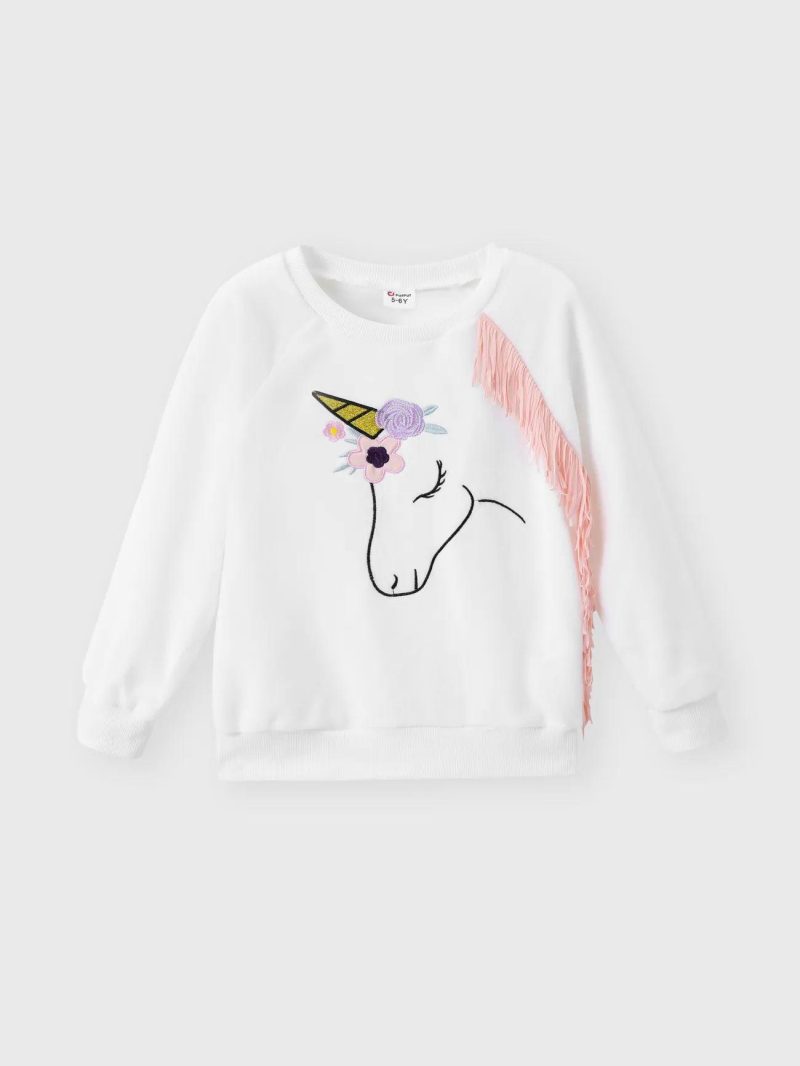 Sets | Girls 2pcs Animal Unicorn Print Tassel Fleece Sweatshirt and Floral Print Leggings Set White