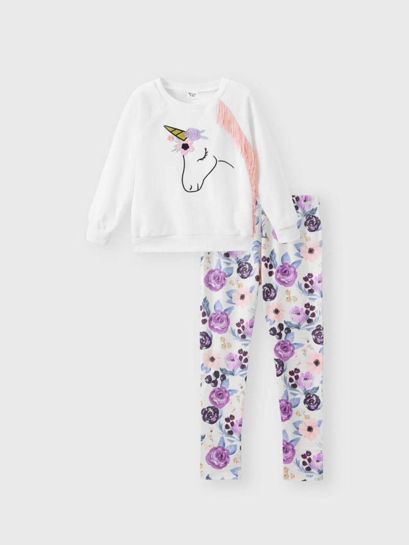 Sets | Girls 2pcs Animal Unicorn Print Tassel Fleece Sweatshirt and Floral Print Leggings Set White