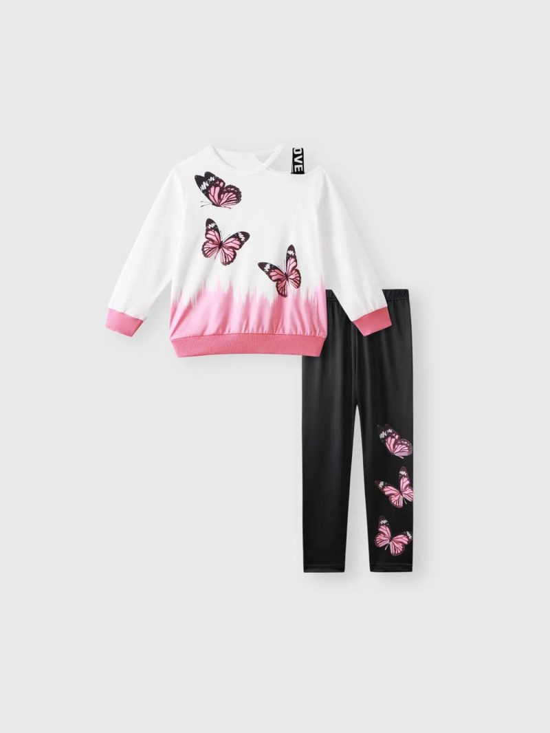 Sets | Girls 2pcs Butterfly Print Colorblock Cut Out Sweatshirt and Elasticized Leggings Set Pink