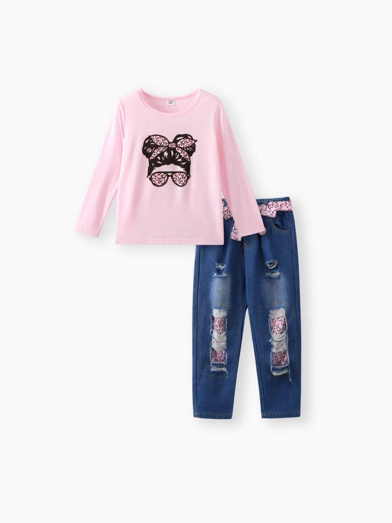 Sets | Girls 2pcs Figure Print Long-sleeve Pink Tee and Belted Ripped Denim Jeans Set White|Pink|Coral