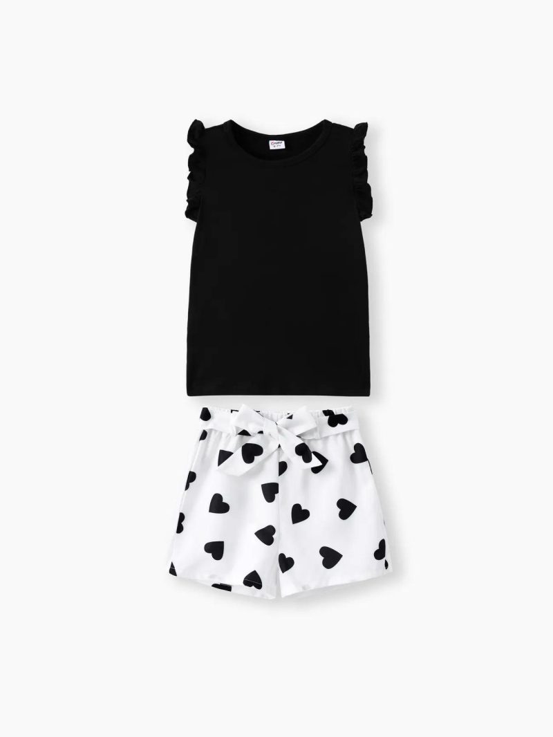 Sets | Girls 2pcs Flutter-sleeve Tee and Heart Print Belted Shorts Set Black|Winered