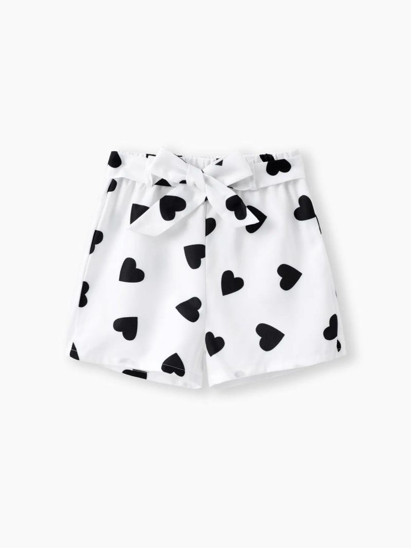 Sets | Girls 2pcs Flutter-sleeve Tee and Heart Print Belted Shorts Set Black|Winered