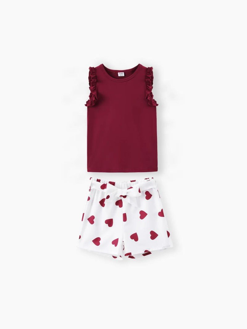 Sets | Girls 2pcs Flutter-sleeve Tee and Heart Print Belted Shorts Set Black|Winered