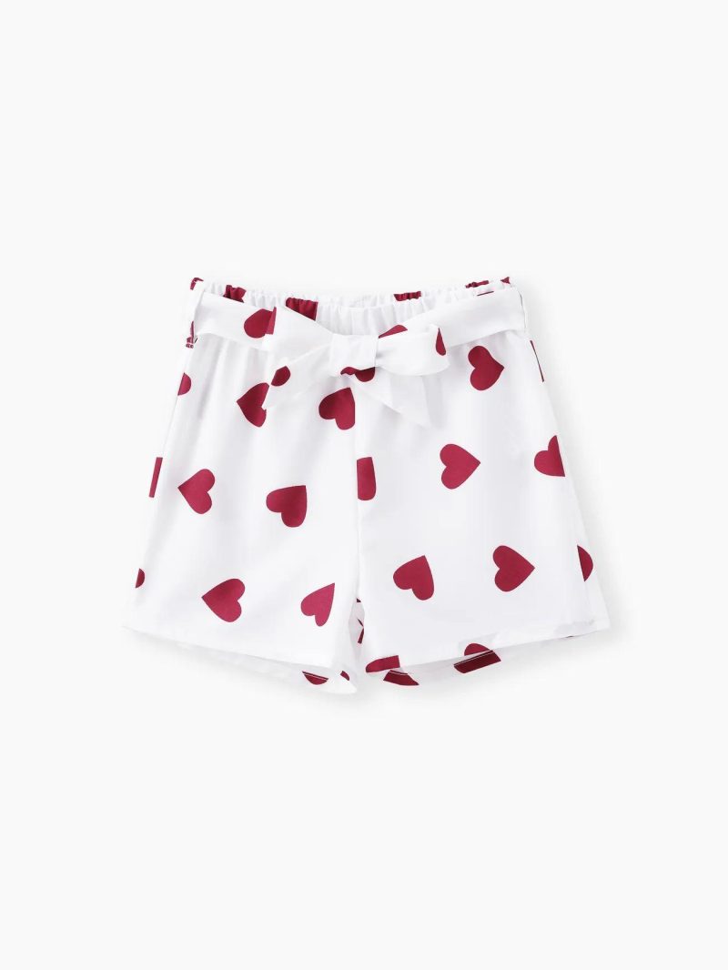 Sets | Girls 2pcs Flutter-sleeve Tee and Heart Print Belted Shorts Set Black|Winered