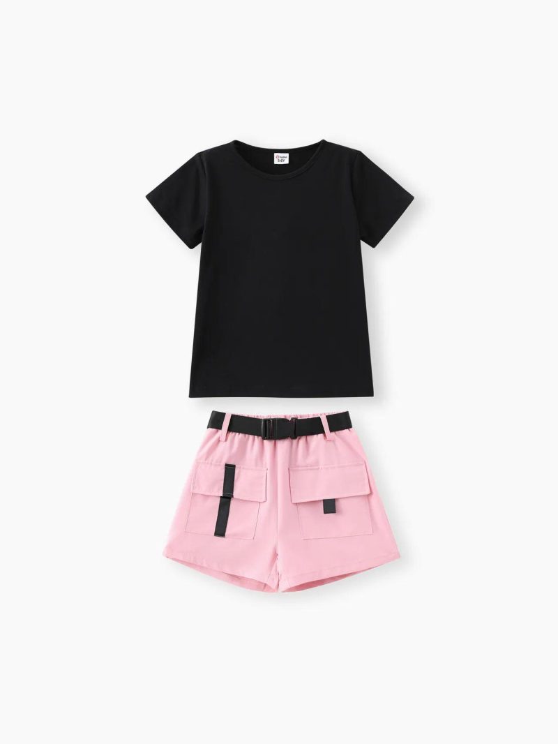 Sets | Girls 2pcs Short-sleeve Tee and Pocket Design Belted Shorts Set Pink|Green